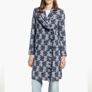 HALOGEN Ruffle Front Topper Coat Gray Plaid Blue Floral Size XXS Petite